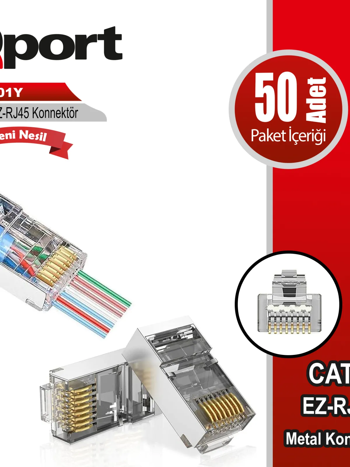 QPORT Q-J601Y CAT6 50 LİK PAKET EZ-RJ45 METAL YENİ NESİL KONNEKTÖR