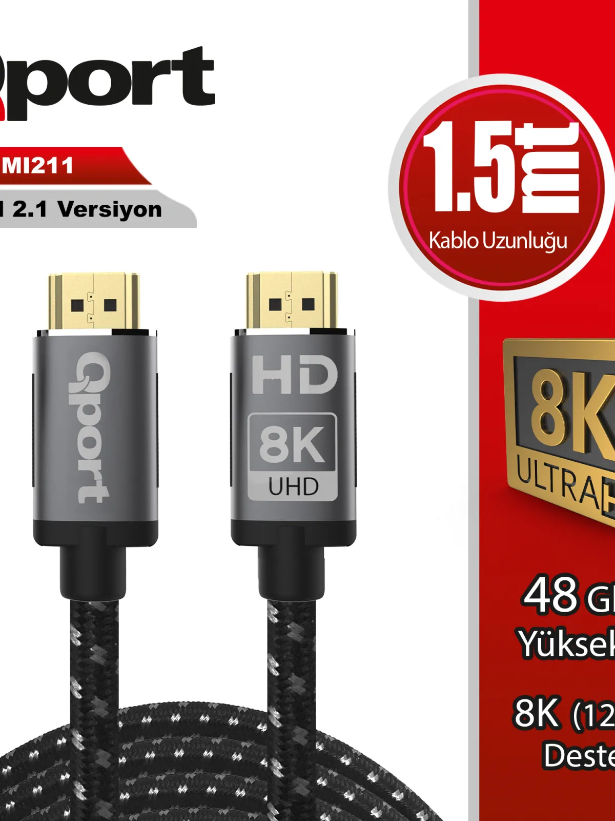 QPORT Q-HDMI211 HDMI 2.1V 8K ALTIN UÇLU 1.5 MT KABLO