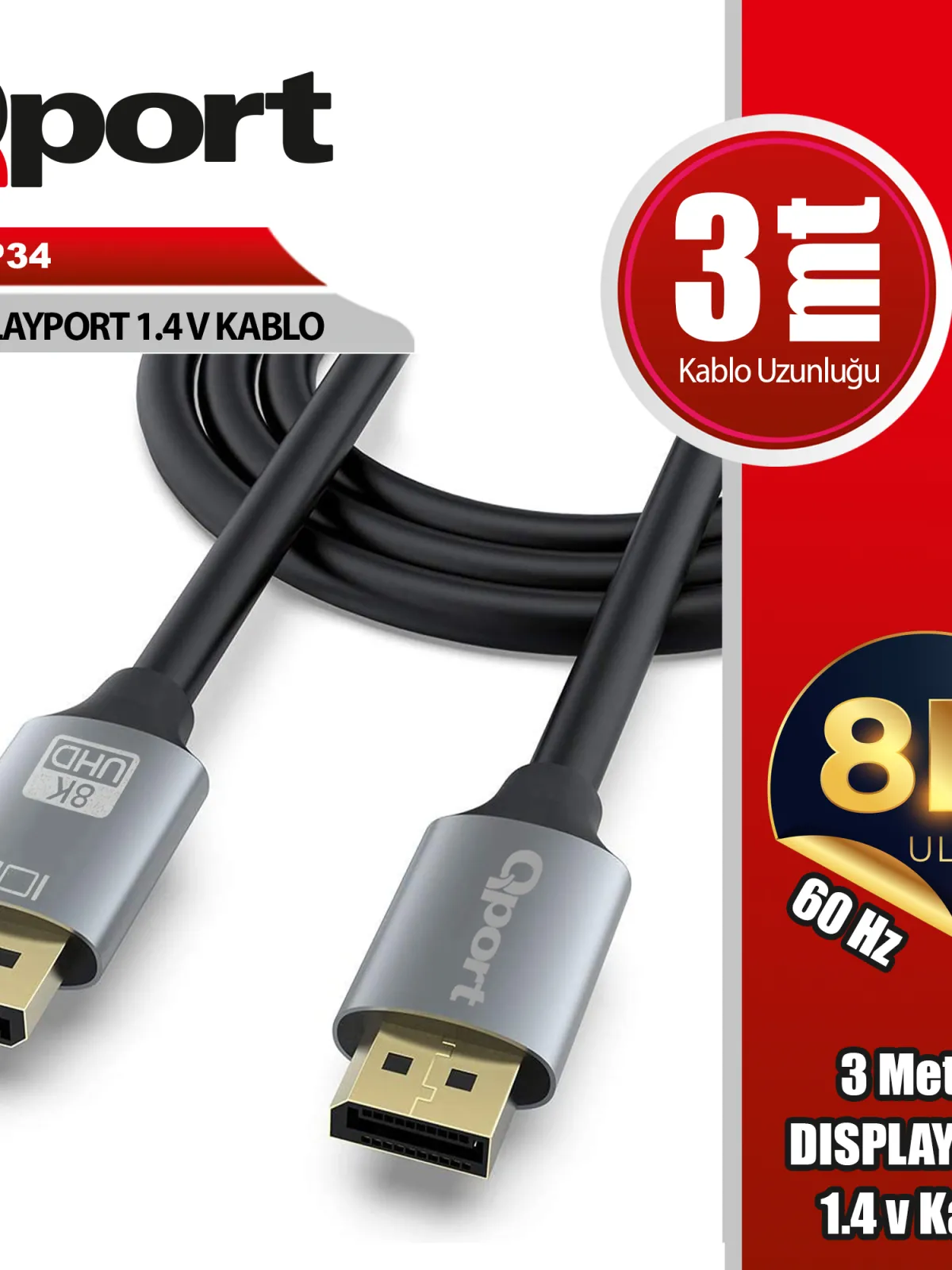 QPORT (Q-DP34) DISPLAY PORT 3 METRE KABLO