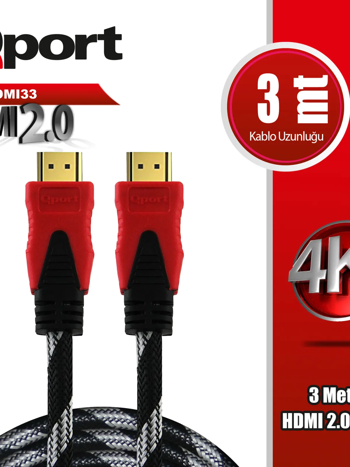 QPORT Q-HDMI33 3 METRE 2.0V 4K  ALTIN UÇLU ÖRGÜLÜ KABLO