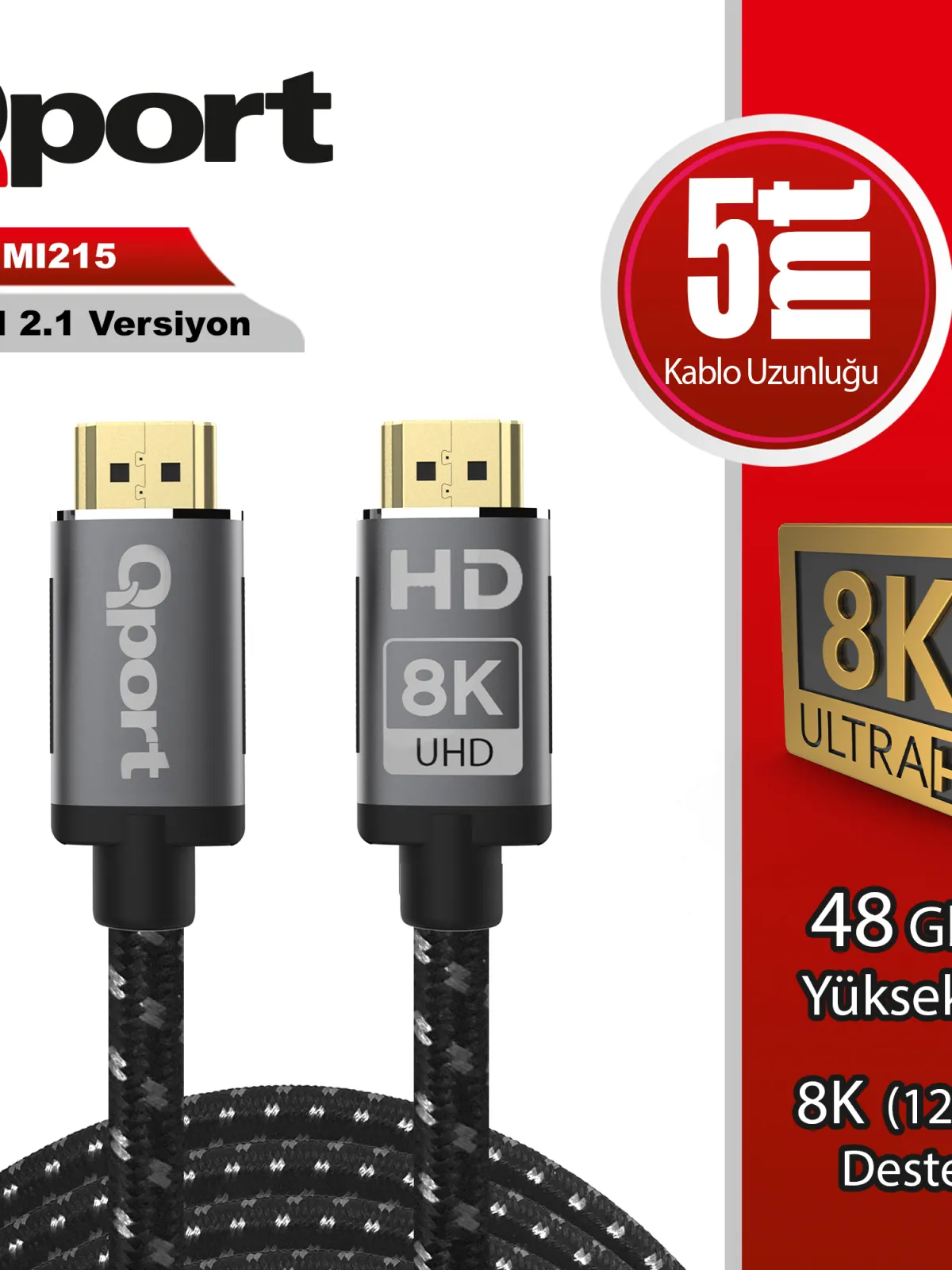 QPORT Q-HDMI215 HDMI 2.1V 8K ALTIN UÇLU KABLO 5 MT KABLO