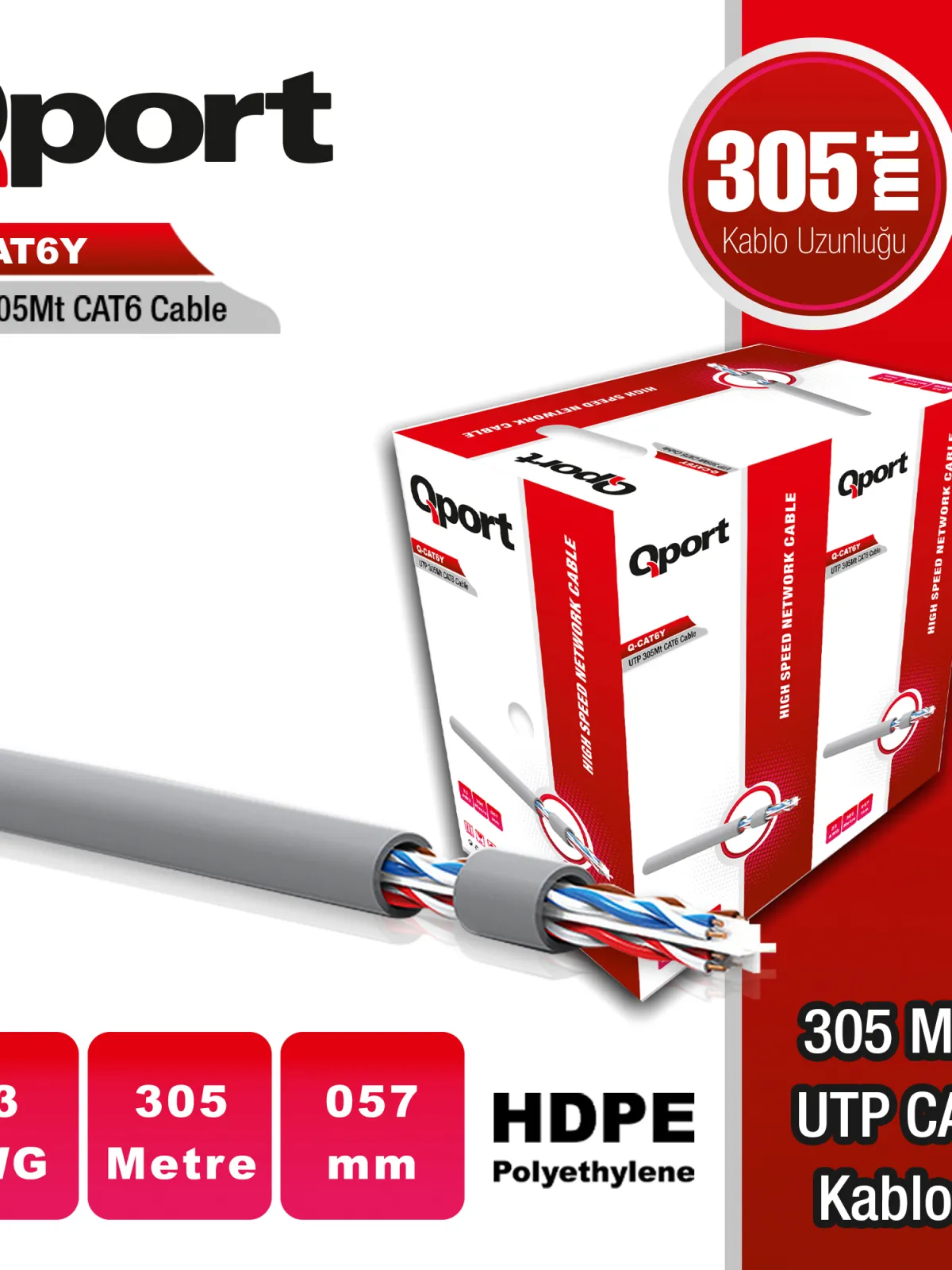 QPORT Q-CAT6Y 305 METRE 23AWG GRI CAT6 UTP PE KABLO