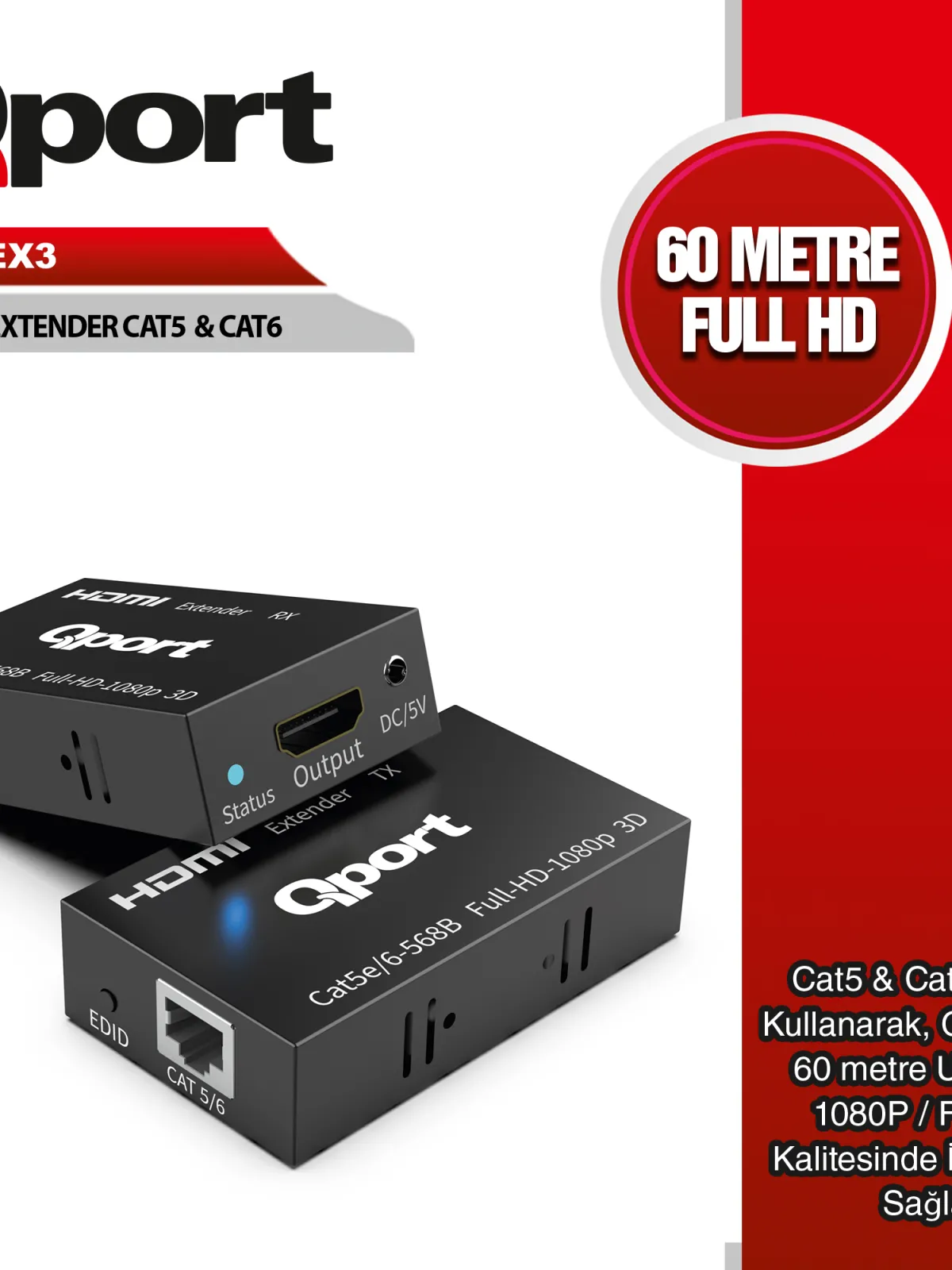 QPORT Q-HEX3 HDMI EXTENDER CAT6 60M 2 LI PAKET