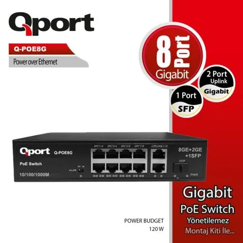 QPORT Q-POE8G 8 PORT GIGABIT + 2 PORT GIGABIT UPLINK POE SWITCH