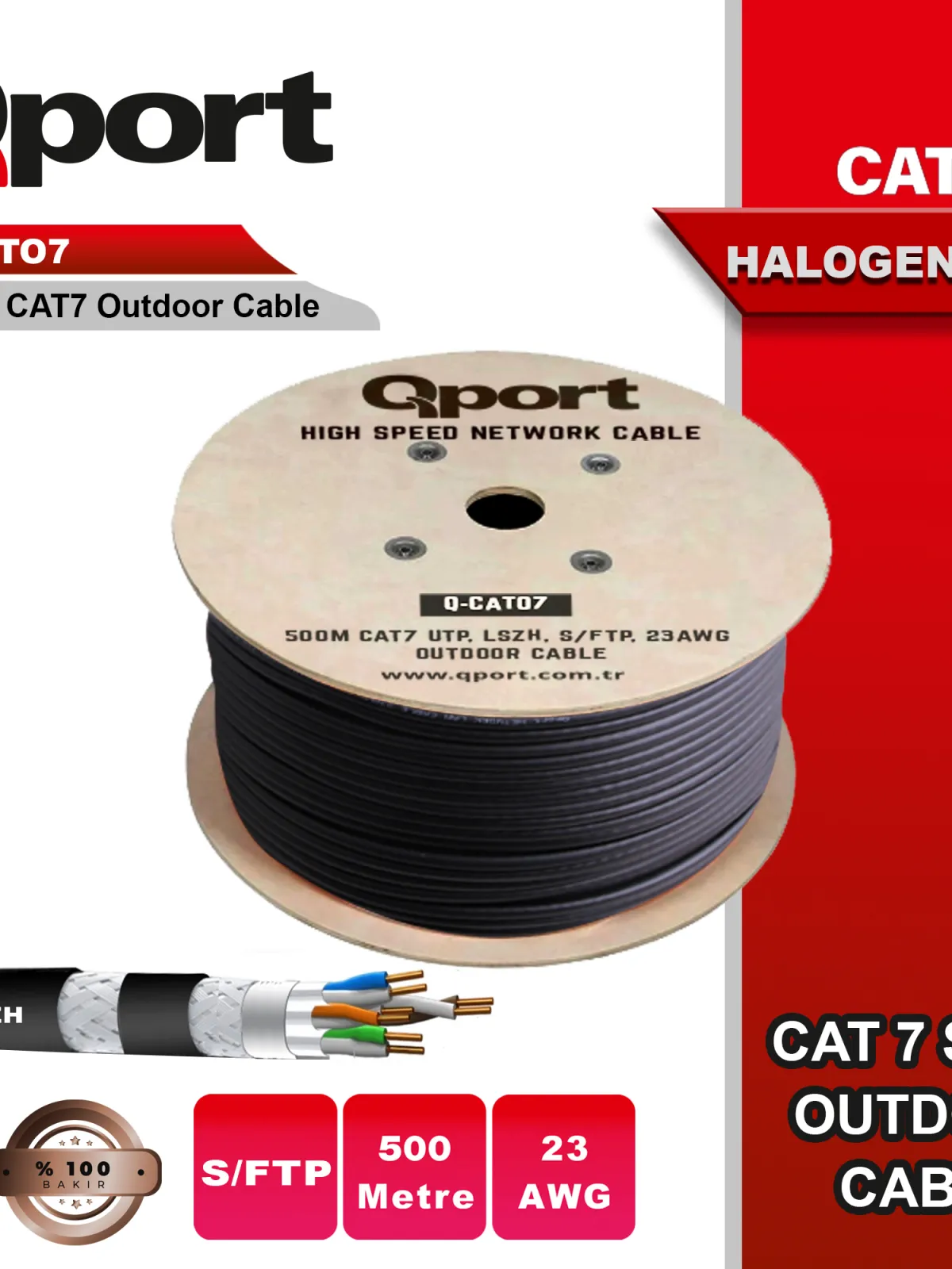 QPORT Q-CATO7 500M CAT7 LSOH S/FTP FULL BAKIR 23AWG SİYAH HALOGEN FREE KABLO