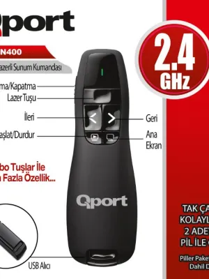 QPORT Q-SUN400 2.4 GHZ USB KIRMIZI LAZERLİ SUNUM KUMANDASI - PRESENTER