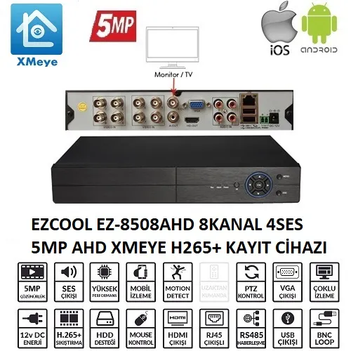 Ürün EZCOOL EZ-8508AHD 8 KANAL 5 MP 1HDD XMEYE KAYIT CİHAZI Görsel