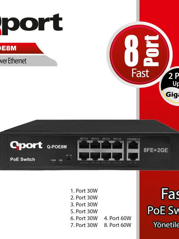 Ürün QPORT Q-POE8M 8 PORT 10/100 + 2 PORT 10/100/1000 UPLINK POE SWITCH Görsel